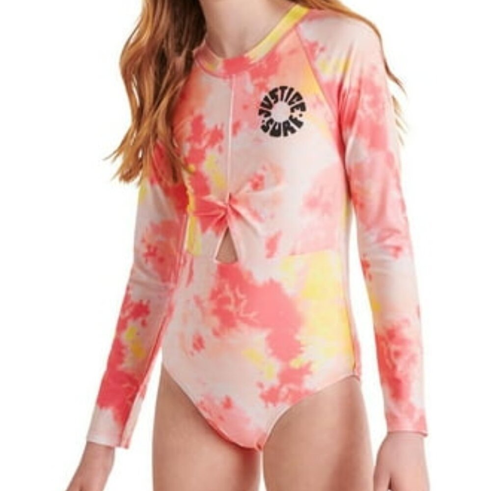 JUSTICE Girls M Rashguard 1 Piece Twist Swimsuit SIZE 10 UPF 50+ NEW - Picture 2 of 8